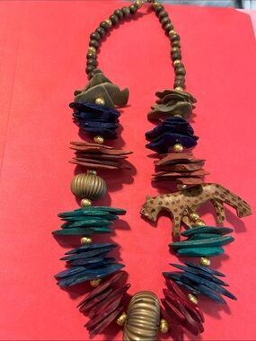 Multicolor Beaded Women's Necklace with Leopard Accent - Brown, Blue & Green